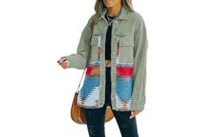 Lumister Women's Aztec Denim Jacket Distressed Lapel Long Sleeve Vintage Button Down Denim Jacket Shacket