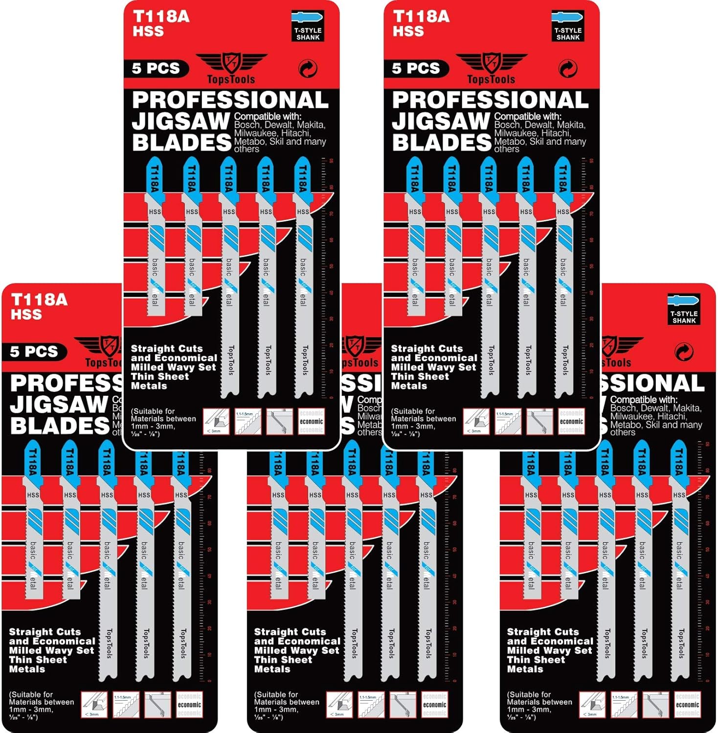 25 x TopsTools T118A 91mm Jigsaw Blades Designed for Metals, Black