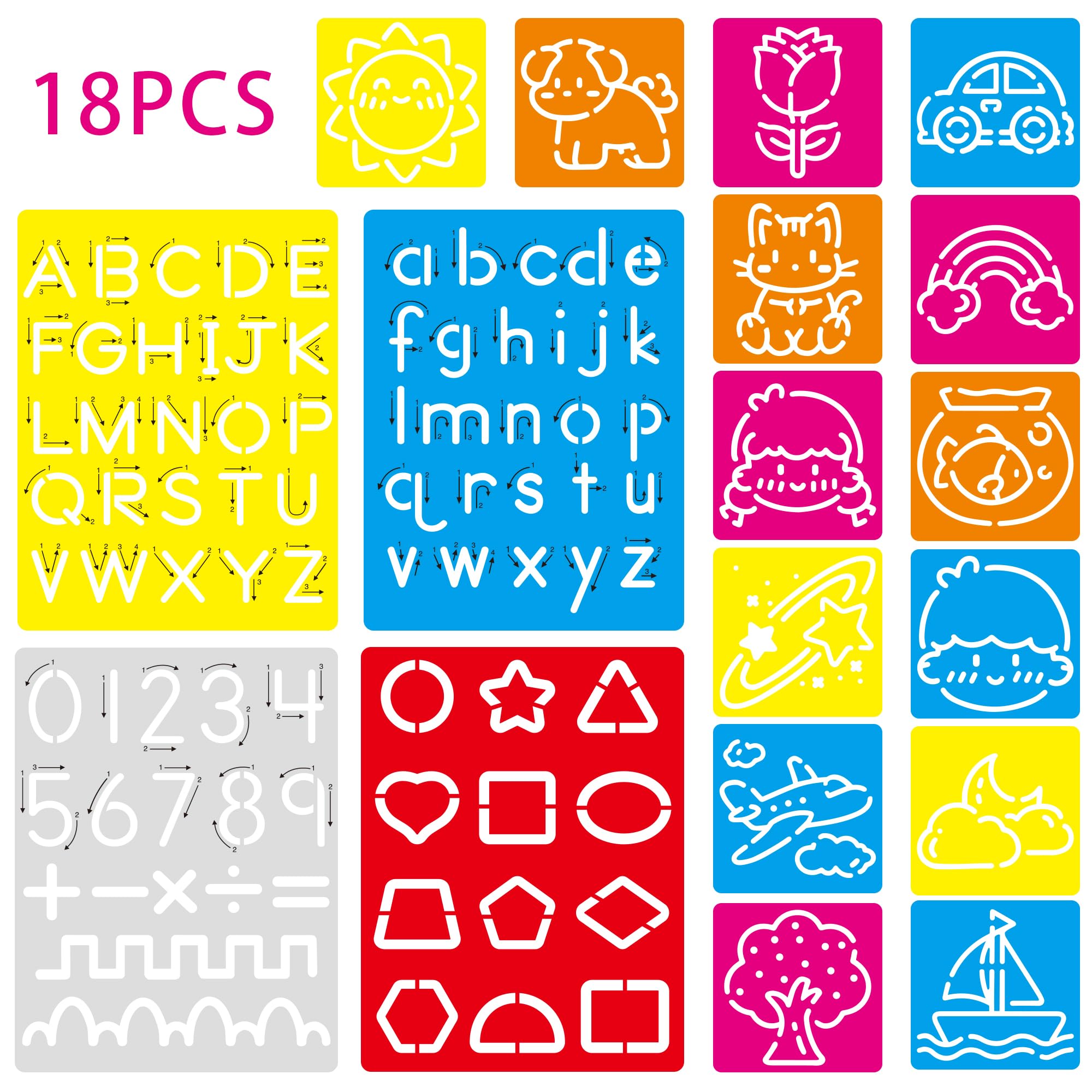 Photo 1 of 18 PCS Letter Tracing Stencils for Kids Numbers Alphabet Colorful Stencil Mix Car Animal Stencils Writing Practice Kit