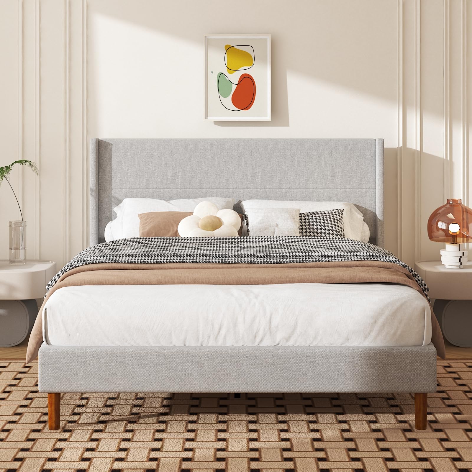 Photo 1 of Mxhtcewz Queen Size Bed Frame, Linen Upholstered Platform with Wingback Headboard, Wooden Slats Support, No Box Spring Needed, Easy Assembly, Lightgrey