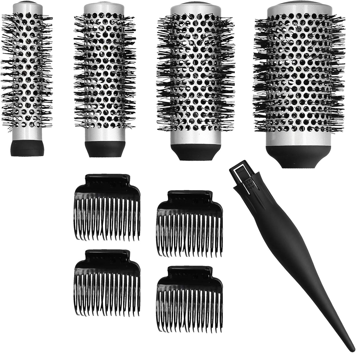 T4B LUSSONI 4-Piece Professional Anti-Static Styling Brush Set, Ergonomic Handle with 4 Interchangeable Brush Heads, 4 Clips