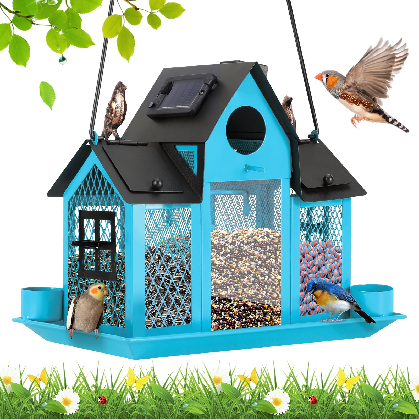 Photo 1 of Solar Bird Feeders House for Outside Hanging, Metal Wild Bird Feeder for Outdoors, Large Cardinal Bird Feeder Birdhouses Squirrel Proof (Blue)