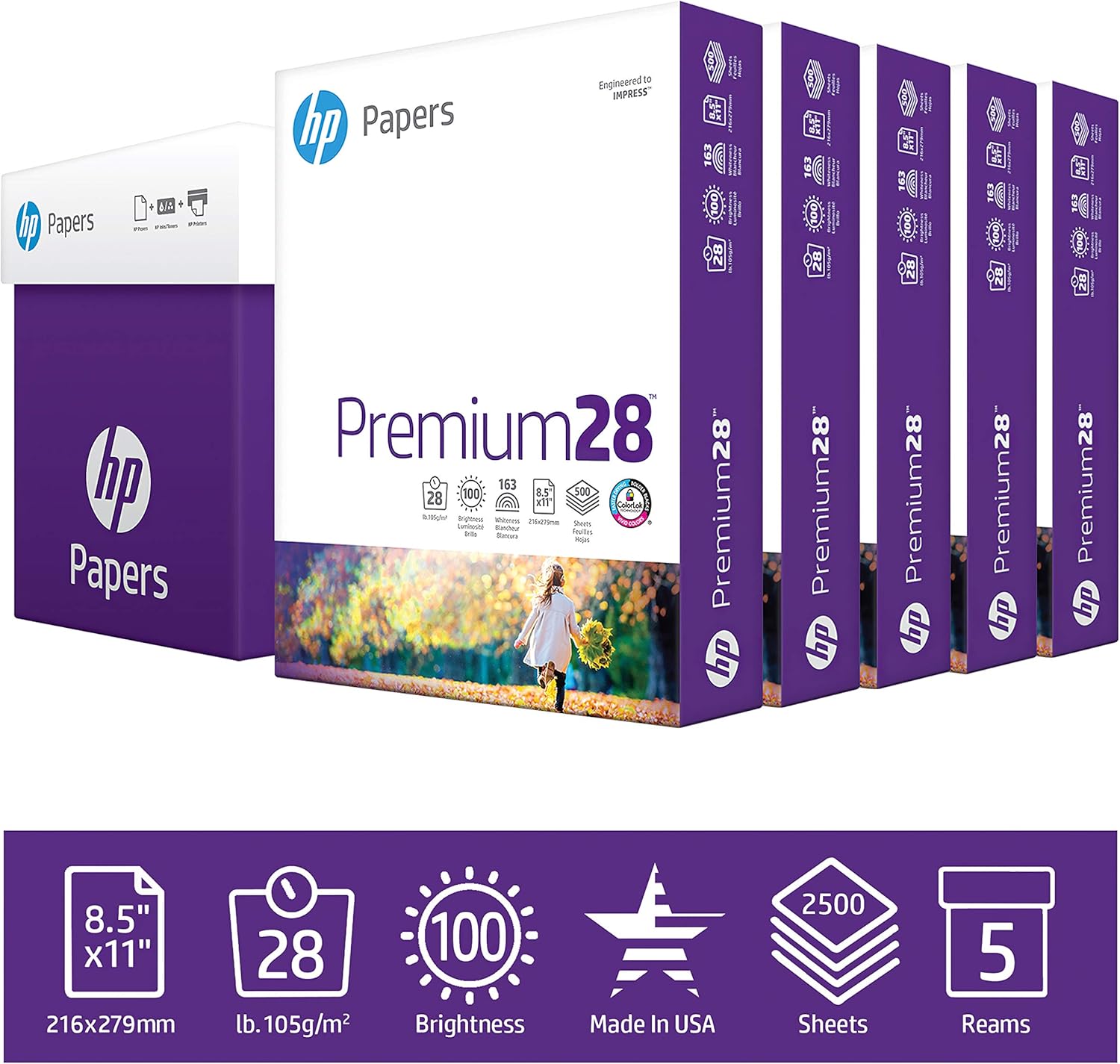 HP Printer Paper |8.5x11 Paper | Premium 28 lb | 5 Ream Case – 2500 Sheets | 100 Bright | Made in USA – FSC Certified | 205200C: Office Products