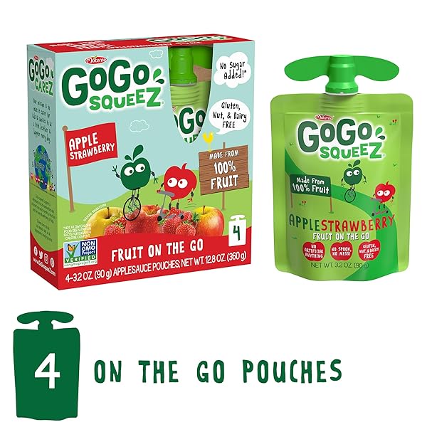 GOGO SQUEEZ APPLESAUCE AND FRUIT PUREE, APPLE STRAWBERRY, 3.2 OZ (PACK OF 4), UNSWEETENED FRUIT SNACKS FOR KIDS, GLUTEN FREE, NUT FREE AND DAIRY FREE, BPA FREE POUCHES (PACKAGING MAY VARY)