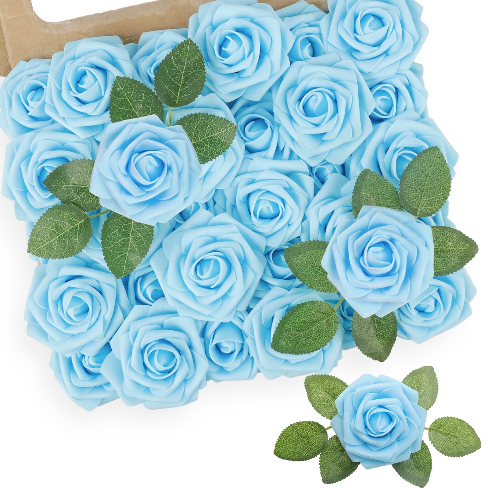 N&T NIETING Artificial Flowers Roses, 25pcs Real Touch Fake Roses with Stems DIY for Wedding Bridal Bouquets, Valentine's Day, Mother's Day, Baby Shower, Home Decoration (Light Blue)