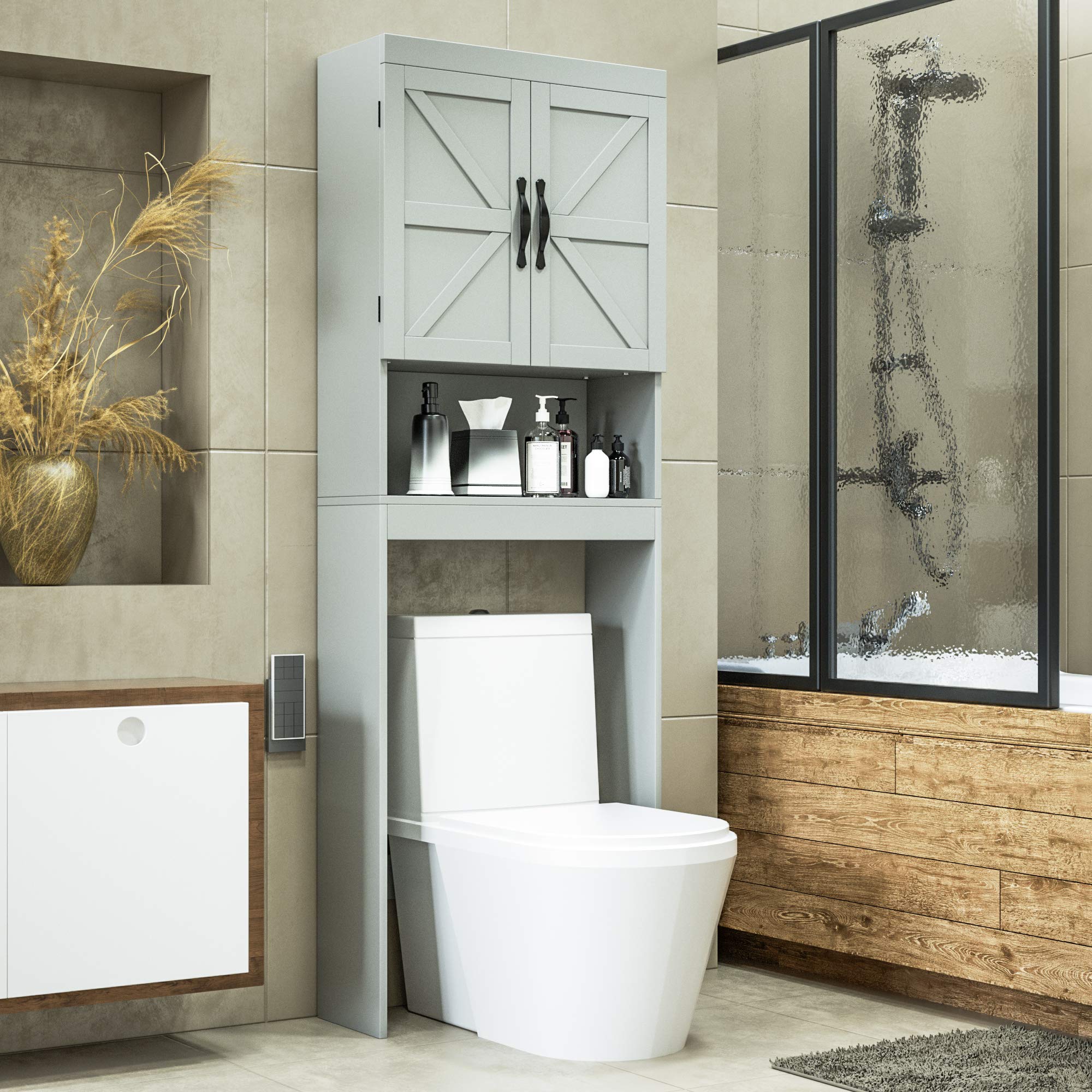 SRIWATANA Over-The-Toilet Storage Cabinet, Bathroom Spacesaver with Adjustable Shelf, 2-Door Toilet Storage Rack, Gray. (Similar to stock photo.)