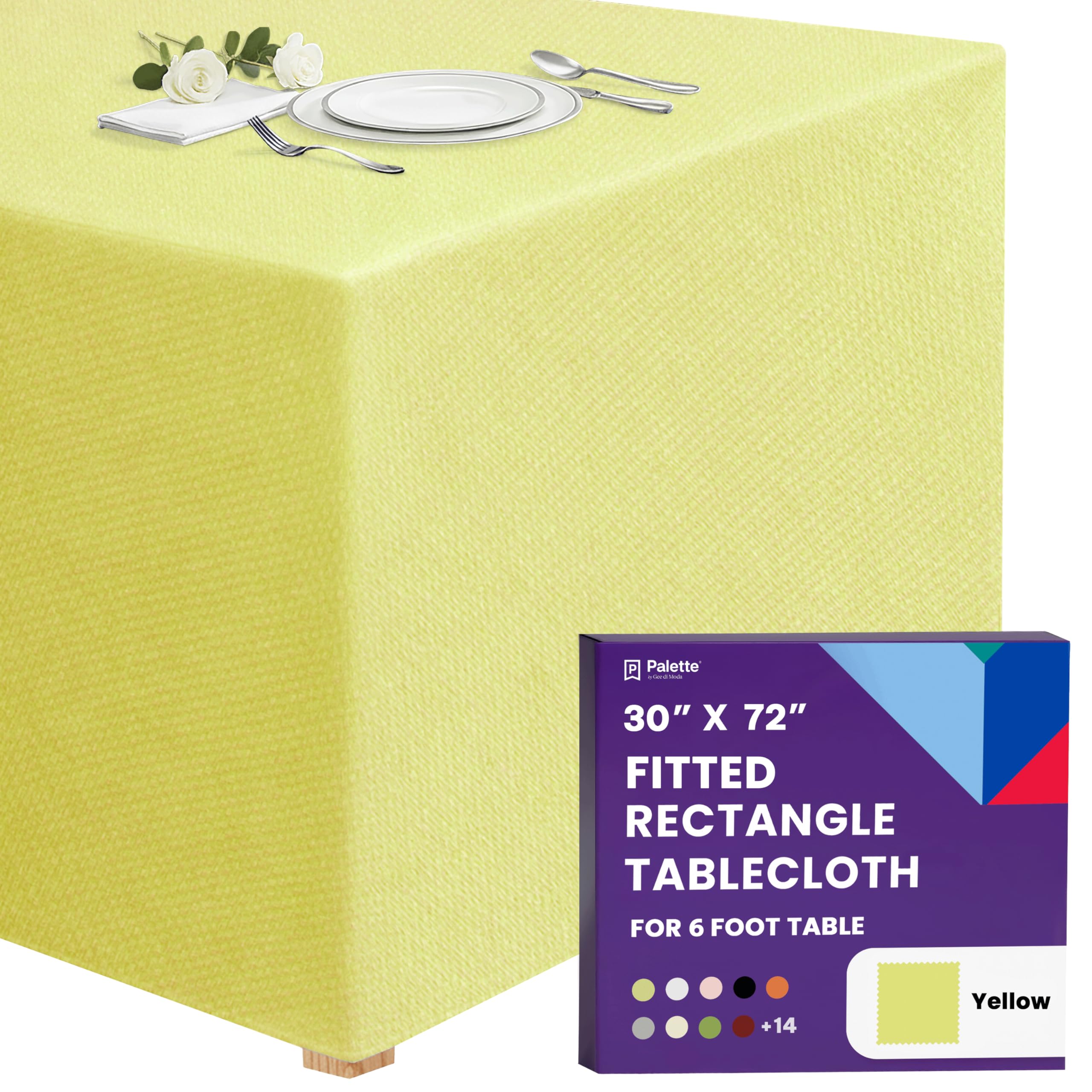 Gee Di Moda Fitted Tablecloth - 72 x 30 Inch Yellow Fitted Table Cloth for 6 Ft Rectangle Table - Heavy Duty Washable Fabric - Holiday Party Dinner Wedding & Trade Show