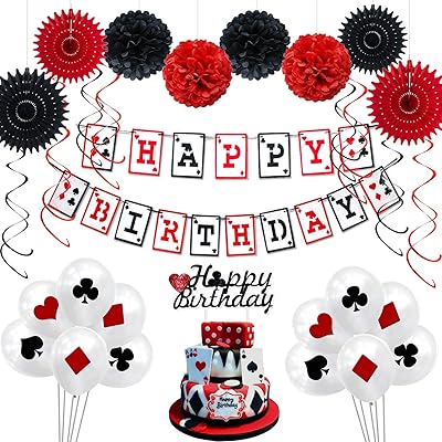 Casino Birthday Party Decorations Supplies Kit av KeaParty, Casino Theme Party Decorations, Happy Birthday Banner, Casino Balloons and Cake Topper, Paper Fans, Pom Poms, Swirls for Las Vegas Party Decorations