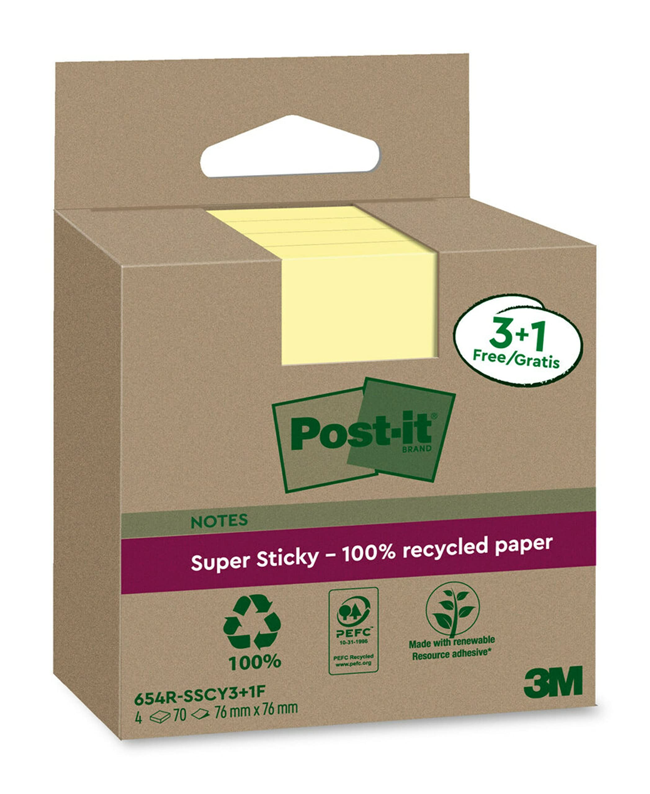 Post-it Super Sticky 100% Recycled Notes, Pack of 3+1 Free Pads, 70 Sheets per Pad, 76 mm x 76 mm, Canary Yellow - Extra Sticky Notes Made from 100% Recycled Paper — image 1