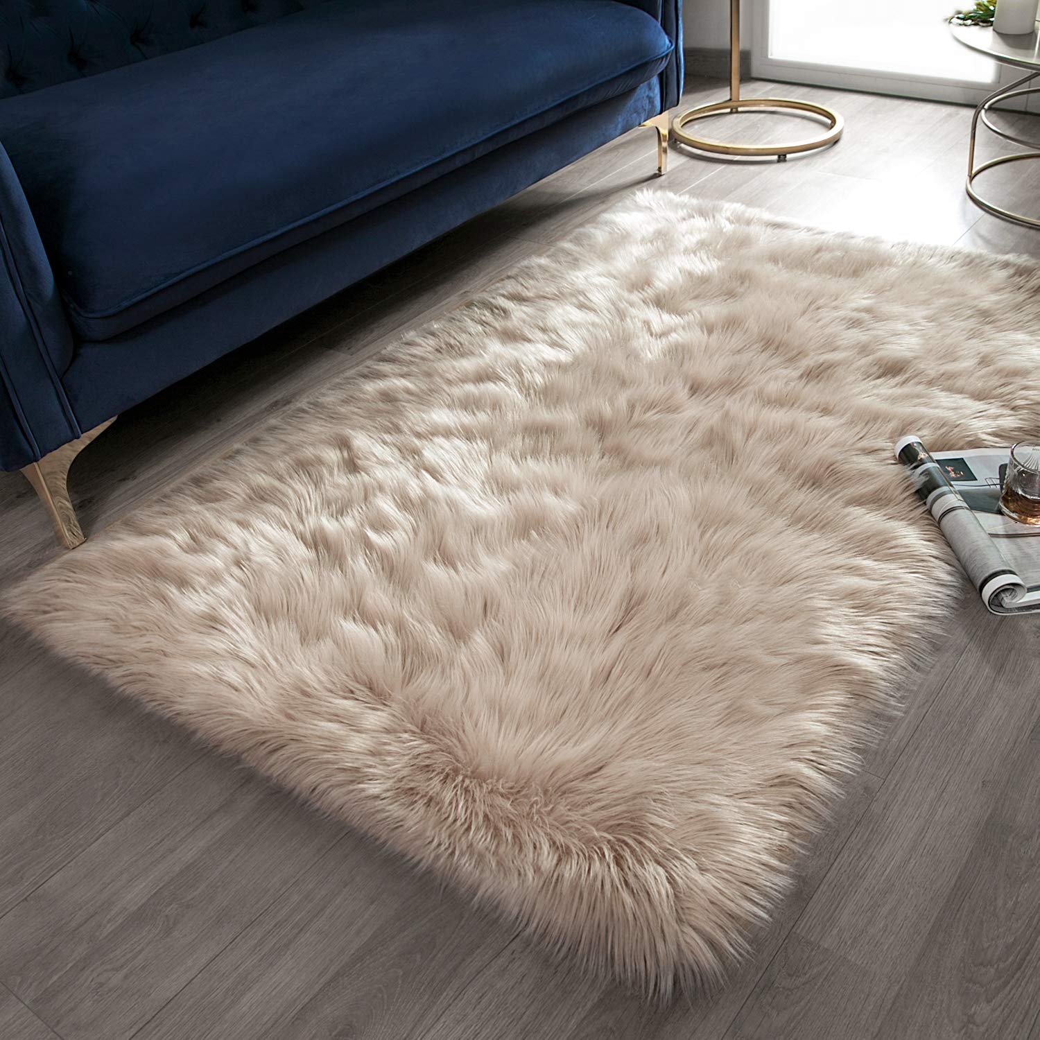 Ashler Soft Faux Rectangle Fur Chair Couch Cover Beige Area Rug for Bedroom Floor Sofa Living Room Rectangle 3 x 5 Feet