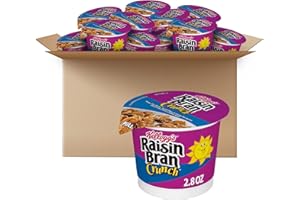 Kellogg's Raisin Bran Crunch Breakfast Cereal Cups, Fiber Cereal, Made with Real Fruit, Original, 33.6oz Case (12 Cups)