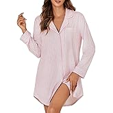 OPOIPIN Women's Striped Nightgown Collar V Neck Button Down Long Sleeve Sleep Shirt Top Nightdress