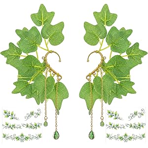 LFUTARI Fairy Elf Ear Cuffs, Poison Ivy Renaissance Elven Ear Clips with Vine Tattoos, Woodland Non-Pierced Earrings Wrap for