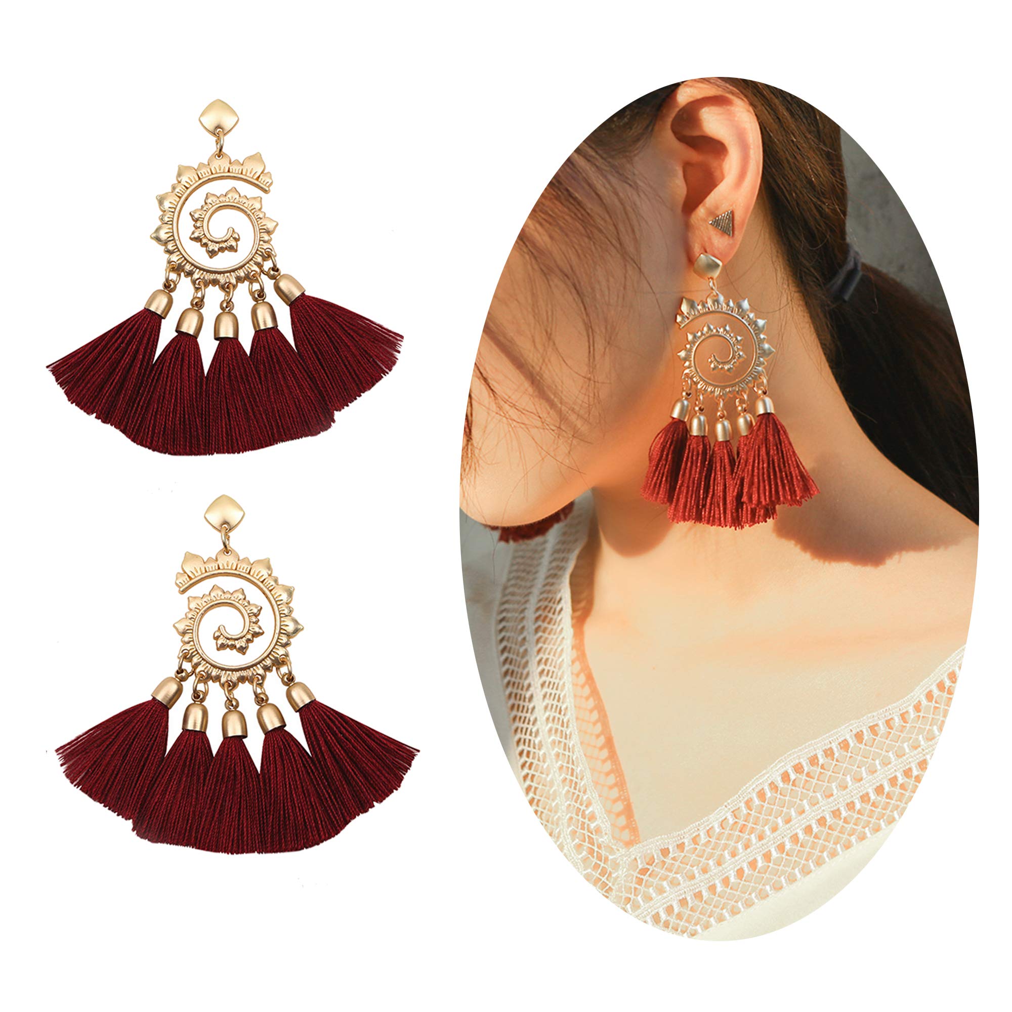 MVCOLEDY Women\'s Tassels Dangle Earrings Handmade Colorful Layered Tassel Elegant Jewellery Bohemian Style Ethnic Eardrop Drop Tiered Tassel Druzy Stud Earrings Women Gifts (Burgundy)