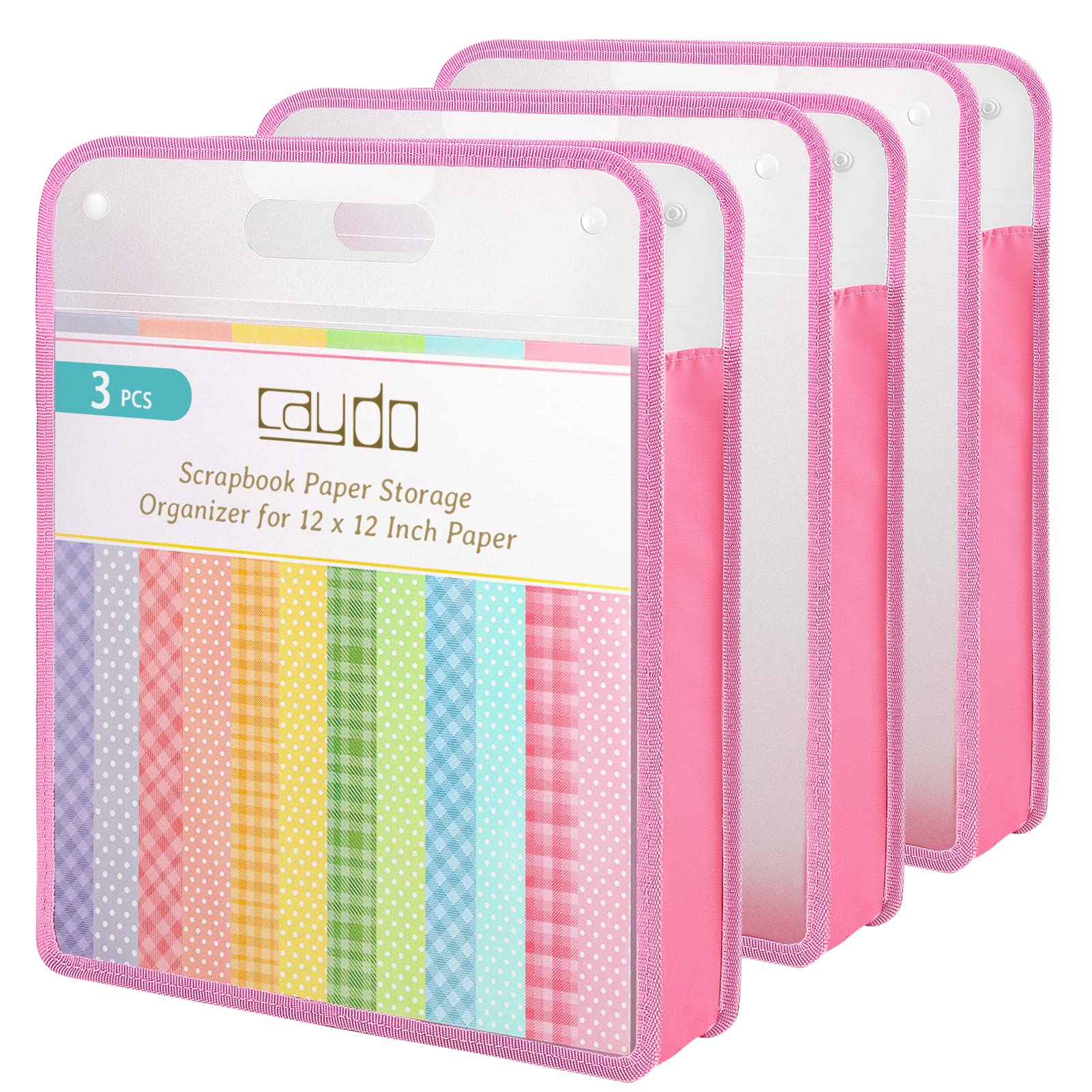 Caydo Scrapbook Paper Storage Organizer, Pink Expanding Paper Folio for 12 x 12 Sheets, Storage Organizer with Transparent Portable Handle for Holding Scrapbooking, Vinyl, Cardstock