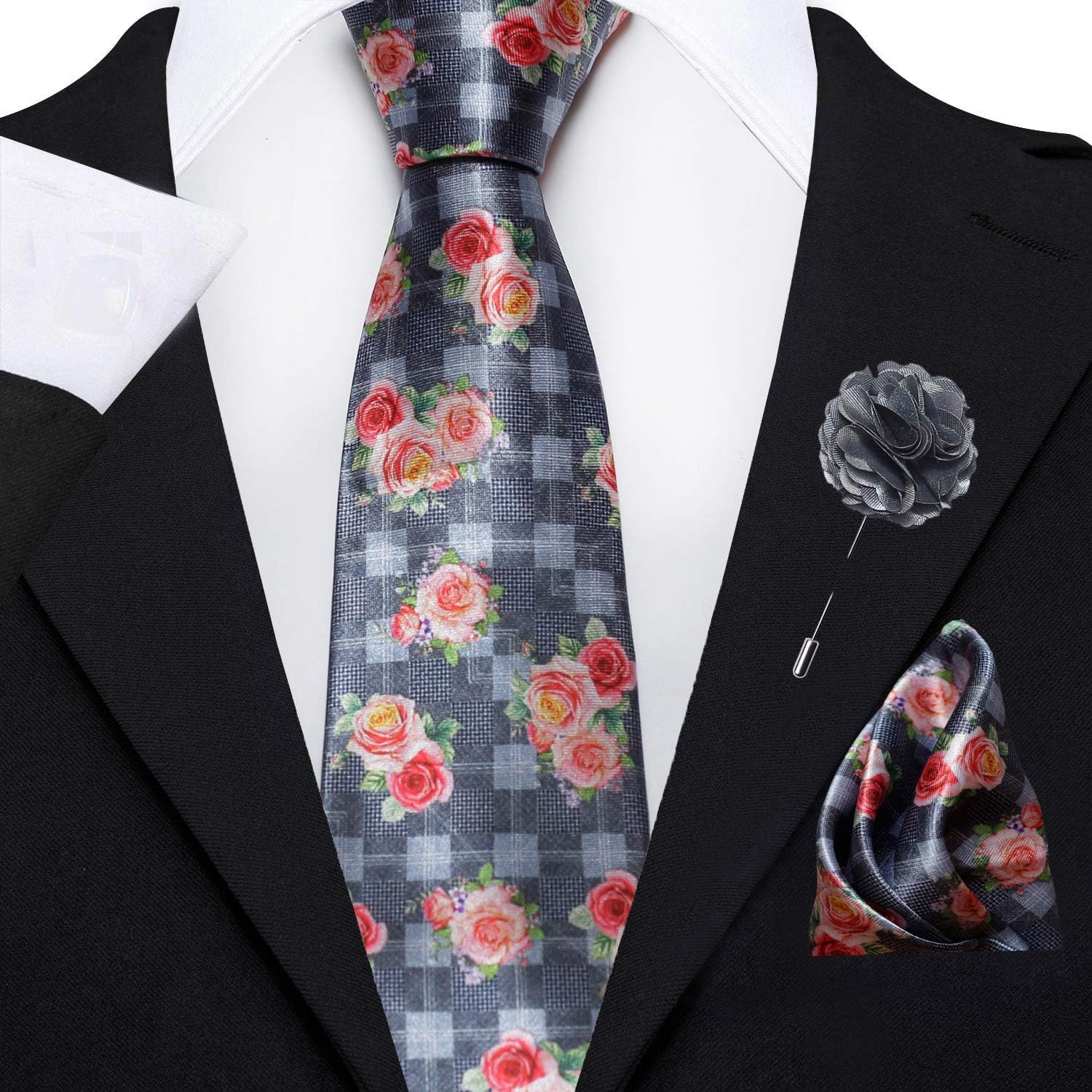 Axlon Men's Micro Polyester Floral Necktie Set with Pocket Square and Lapel Pin (Black,Free Size)