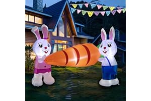 MINDELF 7 FT Long Easter Decorations Inflatables Two Bunnies with Carrot, Lighted Easter Blow Up Boy and Girl Bunnies Holding Carrot, Spring Seasonal Decor for Outdoor Indoor Patio Yard Garden Lawn