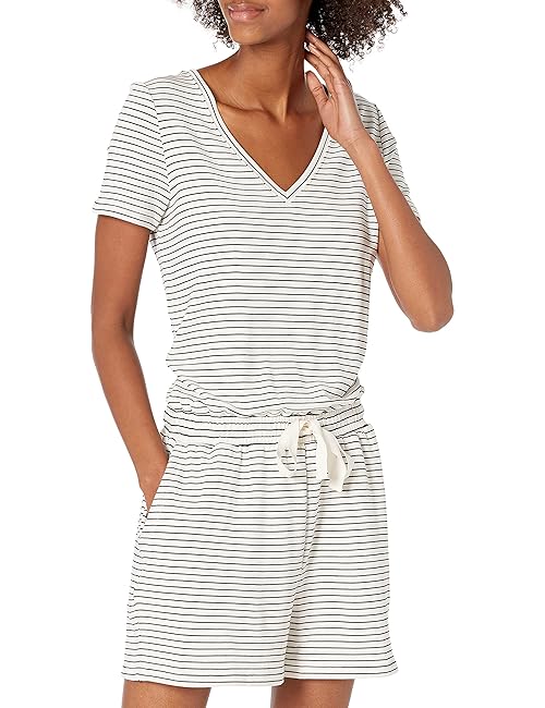 Amazon Essentials Women's Supersoft Terry Short-Sleeve V-Neck Romper (Previously Daily Ritual), Black White Thin Stripe, Large