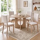 Stella Mia 5-Piece 47" Round Dining Table Set with Chairs, Natural | U-Shaped Pedestal Base, Round Tabletop Kitchen Table w/ 4 Upholstered Chairs, Space Saving Dinner Table for Dining Room