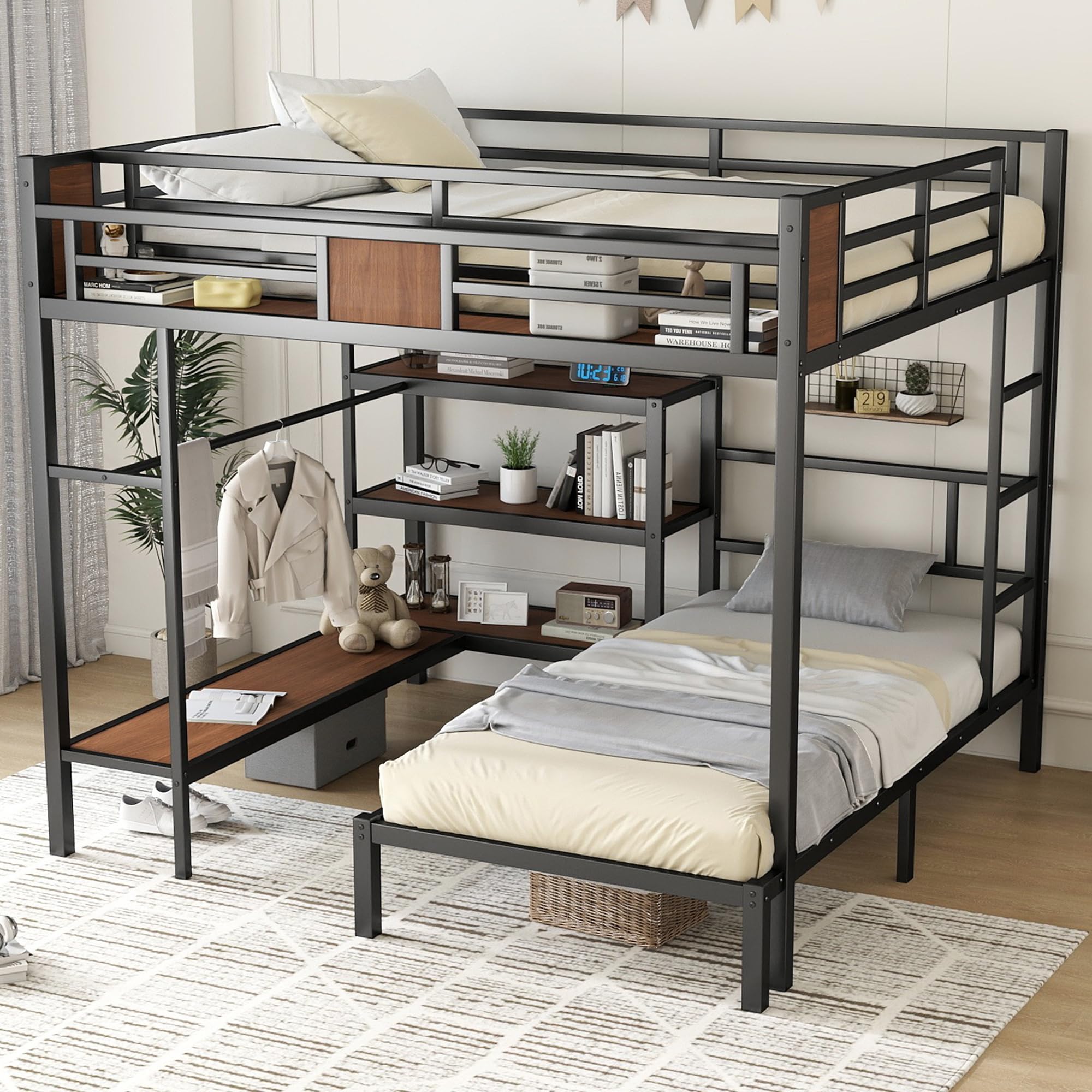 Photo 1 of ***PARTIAL SET - PRICE ADJUSTED***
Bellemave Twin Over Queen bunk Bed, Queen loft Bed with Shelves and Storage and Hangers, Black