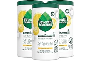 Seventh Generation Multi Surface Wipes, Pack of 3, for all purpose cleaning, lemon zest scent with 100% essential oils and botanical ingredients, 70 ct each