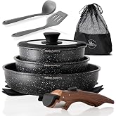 Kitchen Academy Removable Handle Induction Pots and Pans Set - 10 Piece Non-stick Cookware Sets, Black Granite Stackable RV Cookware for Camp
