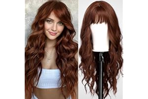 KOME Auburn Wigs with Bangs,Copper Red Long Wavy Wig for Women,Long Curly Synthetic Hair Wig for Party Daily Use 24IN