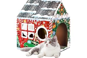 MUNILAIL Christmas Cardboard Cat House with Scratcher 16.5"x 13"x19" Christmas Cat Scratcher House for Indoor Cats’ Birthday Large Cat Scratcher Box