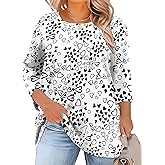 LOMON Womens Plus Size Tops 3/4 Length Sleeve Blouses Crew Neck Business Casual Tunic Tops with Asymmetrical Hem 1X-5X