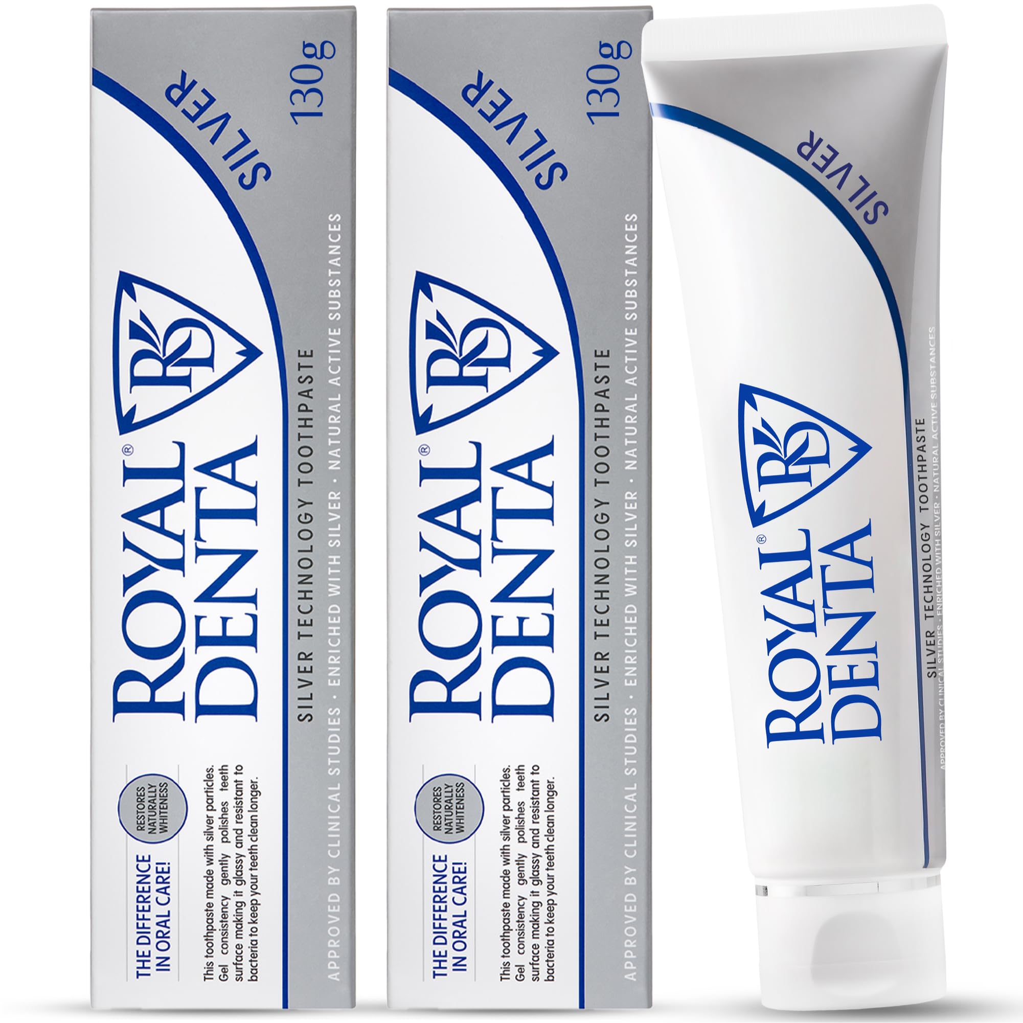 Royal Denta Naturally Teeth Whitening Toothpaste for Adults 130g 2 Pack, Fluoride Toothpaste Removes Stains While Gentle on Sensitive Teeth & Enamel, Mild Taste Gel with Xylitol & Silver Particles
