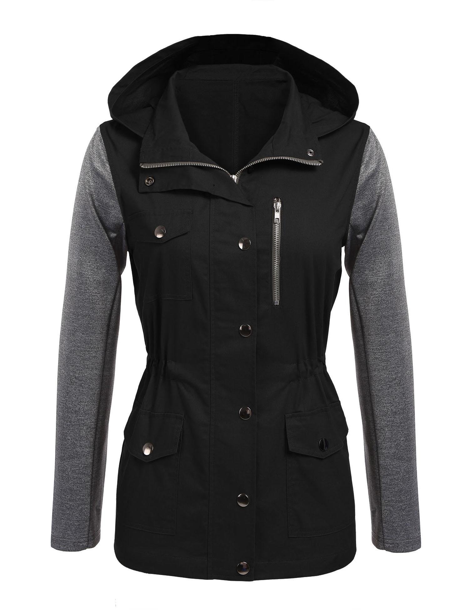 Beyove Womens Military Anorak Safari Utility Parka Drawstring Hoodie Jacket, (B)black 1, Medium