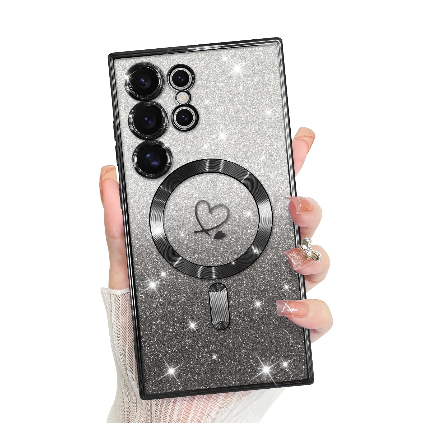 Bonoma Compatible with Samsung Galaxy S24 Ultra Case Support for MagSafe, Plating Heart Glitter Magnetic Case TPU Camera Protection Back Cover for Phone Case -Black