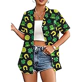PICKID St Patricks Day Shirt Women St Paddy T Shirt Lucky Shamrock Graphic Tees Hawaiian Button Down Blouse Tops