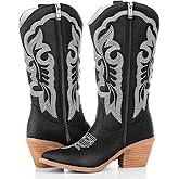 gioanroca Embroidered Cowboy Boots for Women, Fashion Retro Western Pointed Toe Chunky Heel The Knee,Pull-On Stitching Point Toe Women's Cowgirl Boots