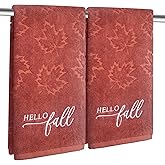 2 Pcs Hello Fall Hand Towels for Bathroom 100% Cotton Jacquard Embroidered Autumn Maple Leaves Terracotta Rust thanksgiving bath towels bathroom kitchen towels decorative gift Holiday Home Decor