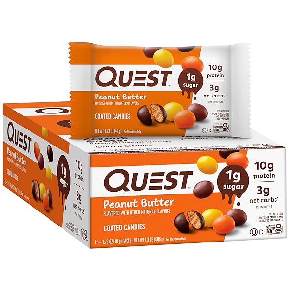 QUEST NUTRITION COATED CANDIES, PEANUT BUTTER, 1G SUGAR, 10G PROTEIN, 4G NET CARBS, GLUTEN FREE, KETO FRIENDLY, 12 COUNT