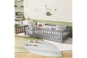 Bellemave Twin Size Montessori Floor Bed with Slats, Twin Size Floor Bed with Door and Fence, Easy Assemble Montessori Beds for Kids, Girls, Boys, Gray