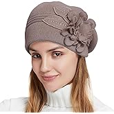 Nawati Flower Women Beret, Double Layer Thickened Winter Knitted Beanie Beret Hat, Stylish French Dress Beret Hats for Women
