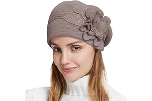 Nawati Flower Women Beret, Double Layer Thickened Winter Knitted Beanie Beret Hat, Stylish French Dress Beret Hats for Women
