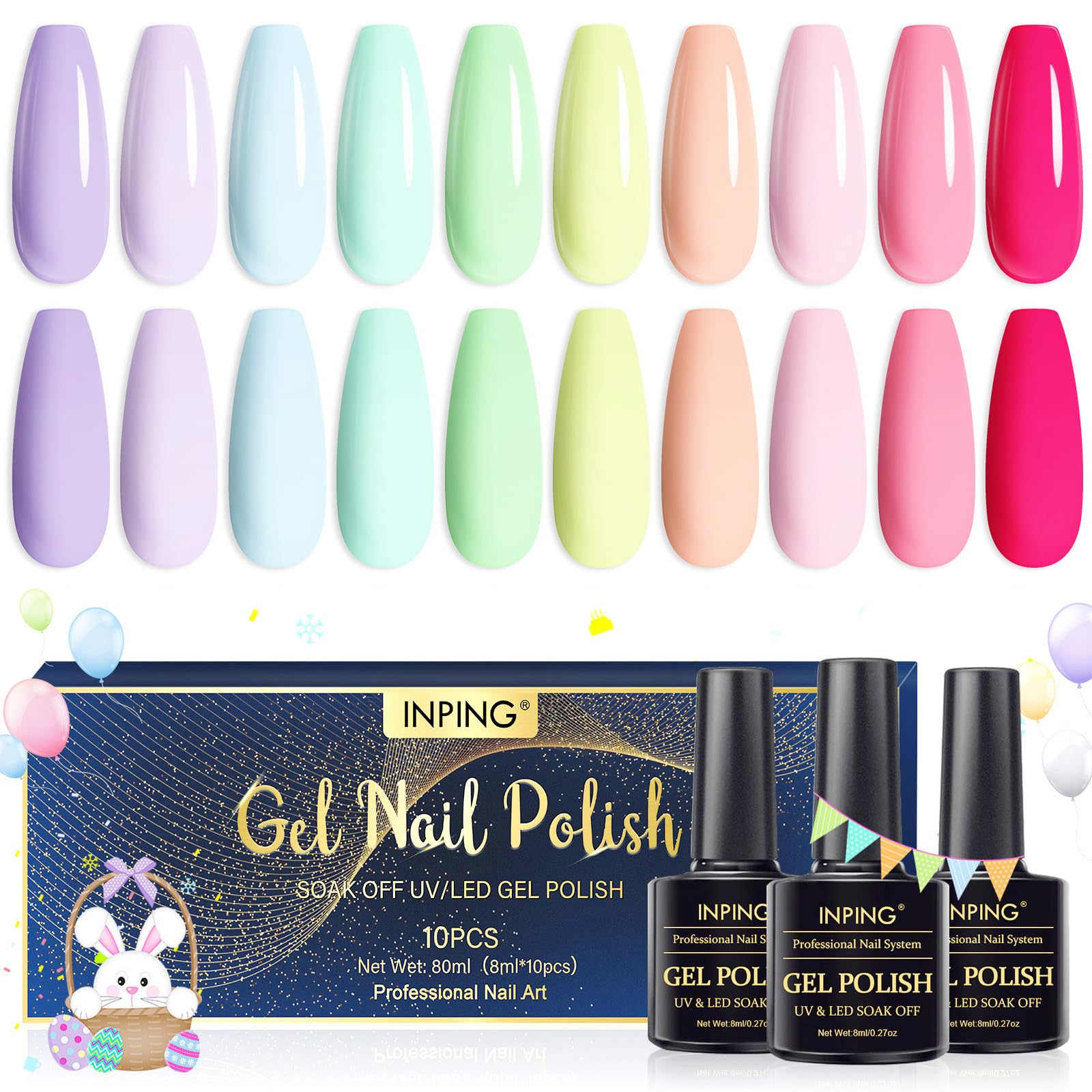 INPING Gel Polishes, 10 Color Bright Summer Pastel Gel Polish Set Soak Off UV Gel Nail Polish DIY Nail Art Salon Manicure Kit for Starter, Macaron Pink, 8 ML