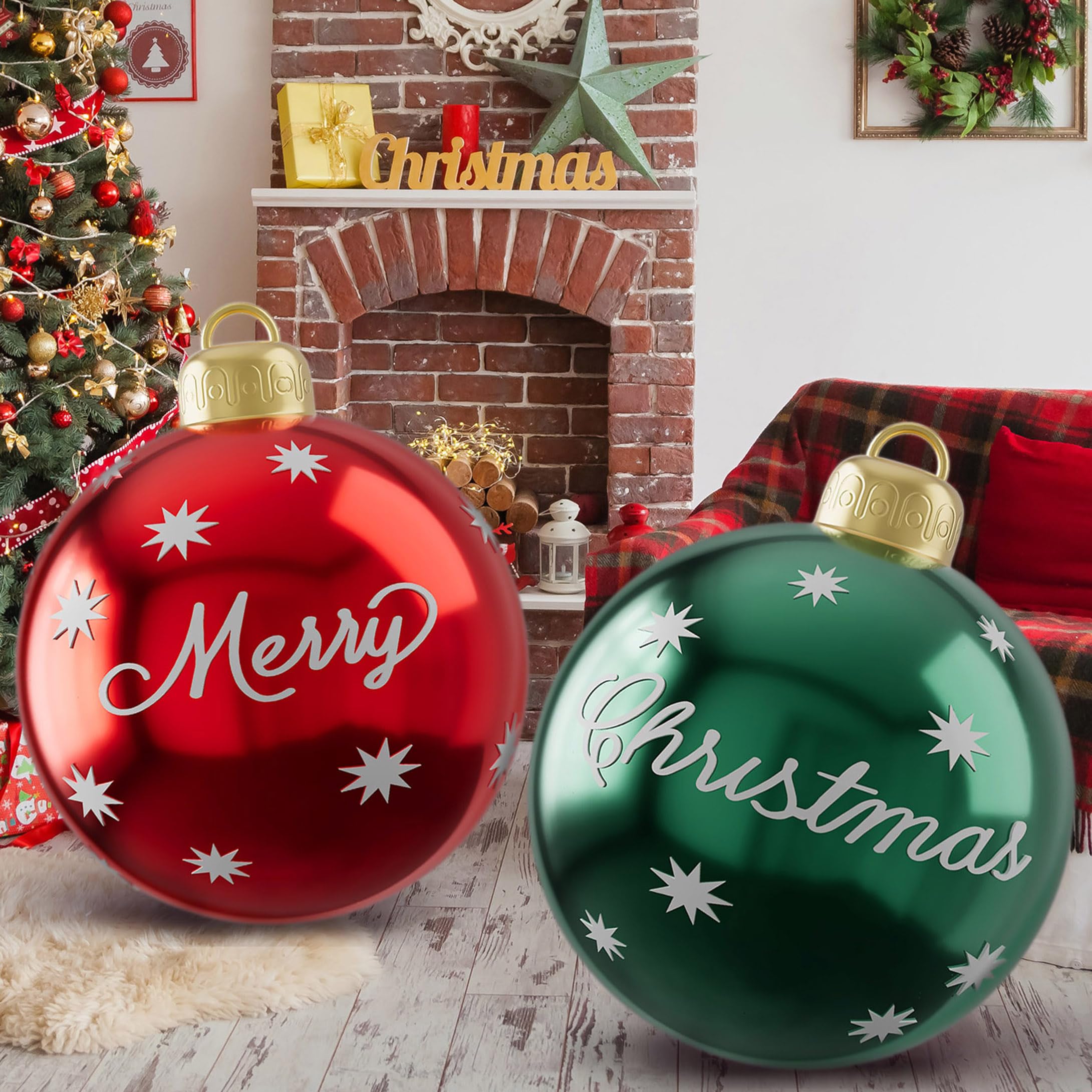 Photo 1 of 2Pcs 24 Inch PVC Inflatable Christmas Balls Xmas Giant Inflatable Ornaments Balls, Outdoor Inflatables Christmas Ornaments Ball Xmas Hangable Blow up Ball for Indoor Yard Porch(Classic Style, 2Pcs)
