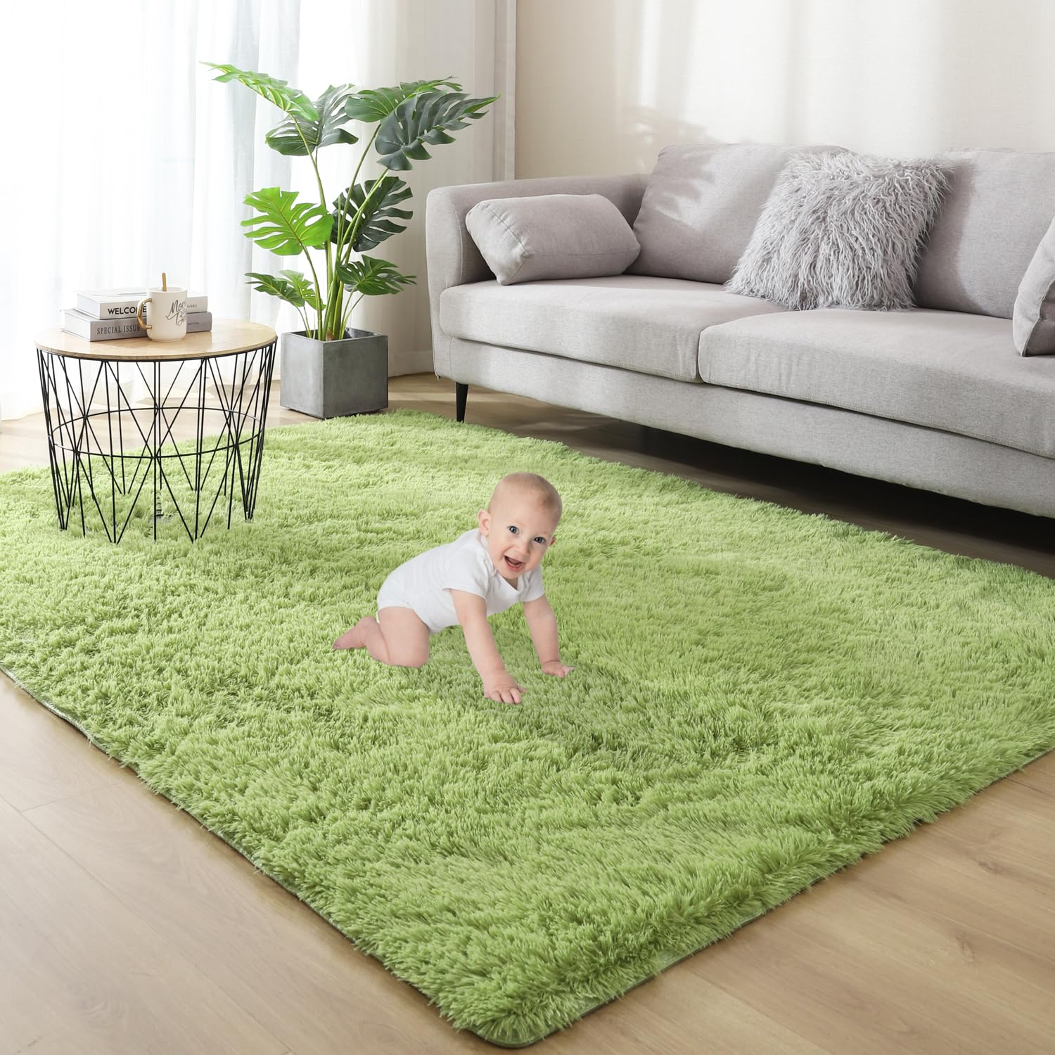 Gsogcax Rugs Living Room 5'x7' Super Soft Fluffy Area Rugs for Bedroom Shaggy Anti-Skid Comfortable Large Rugs Indoor Modern Home Decor Floor Carpet - Grass Green 160x200