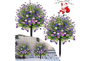 YUGYUM 2 Pack Artificial Topiary Ball Trees Boxwood Shrubs with Spikes, UV Resistant Fake Flowers Bushes for Outdoor, Look Real Faux Plants for Porch Pathway Garden Yard Patio Halloween Decor -Purple