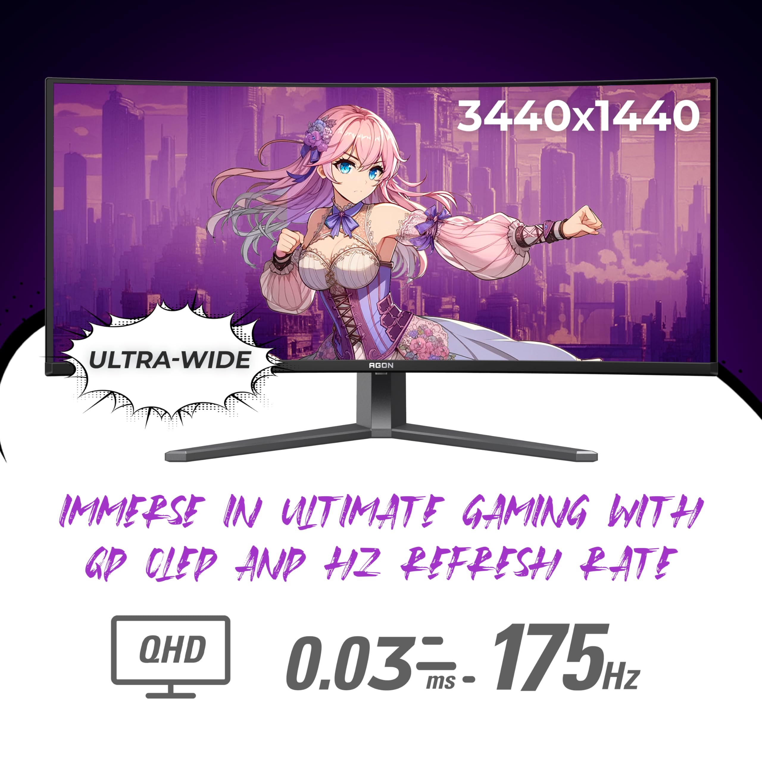 AOC Agon PRO AG346UCD 34'' Ultra Wide Curved QD OLED Gaming Monitor, 21:9 WQHD 3440x1440, 175Hz 0.03ms, G-Sync Compatible, HDR 400 True Black, USB 3.2, Height Adjustable, Console Gaming Ready