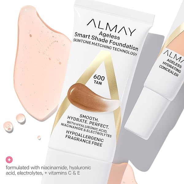 ALMAY ANTI-AGING FOUNDATION, SMART SHADE FACE MAKEUP WITH HYALURONIC ACID, NIACINAMIDE, VITAMIN C & E, HYPOALLERGENIC-FRAGRANCE FREE, 100 LIGHT, 1 FL OZ (PACK OF 1)