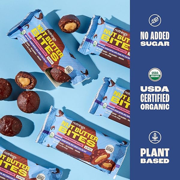 SWEET NOTHINGS, SUPERFOOD NUT BUTTER BITES ORGANIC SNACK, CHOCOLATE WITH PEANUT BUTTER, 2 BITE PACKS – NO ADDED SUGAR, PLANT BASED, VEGAN, ONLY 7 INGREDIENTS