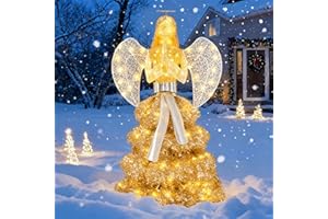 Vongrasig 5 FT Christmas Angel Outdoor Lighted Holiday Displays, Pre-lit 3D Outdoor/Indoor Glittered Angel with 100 Warm Lights, Bow, Zip Ties, Stakes for Birthday Party Decoration