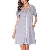 Vlazom Women's Nightgowns Short Sleeve Sleep Shirts Nightshirt V Neck Button Down Pajama Sleepwear S-XXL