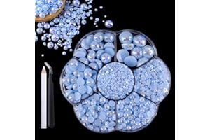 OCOUYVD 1500 Pcs 3D Nail Charms Flatback Pearls Set,Blue Nail Rhinestones 7 Sizes 0.5-9mm Nail Pearls&Flowers Jewels for Manicure DIY Crafts Jewelry Accessories