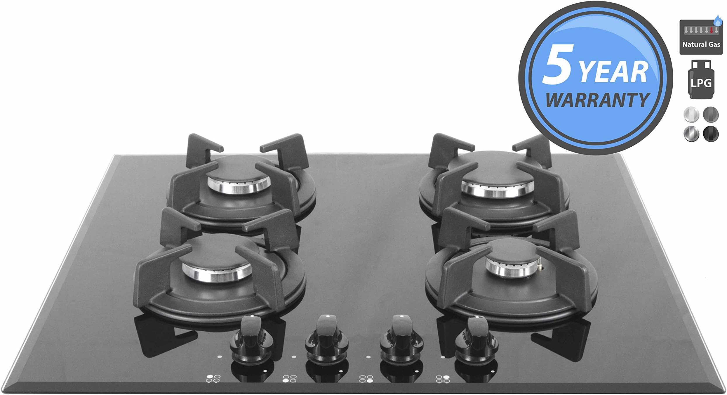 60cm Gas on Glass Cooking Hob with 4 Burners and Front Control (Natural Gas & LPG) JSI-UK 6110-03G